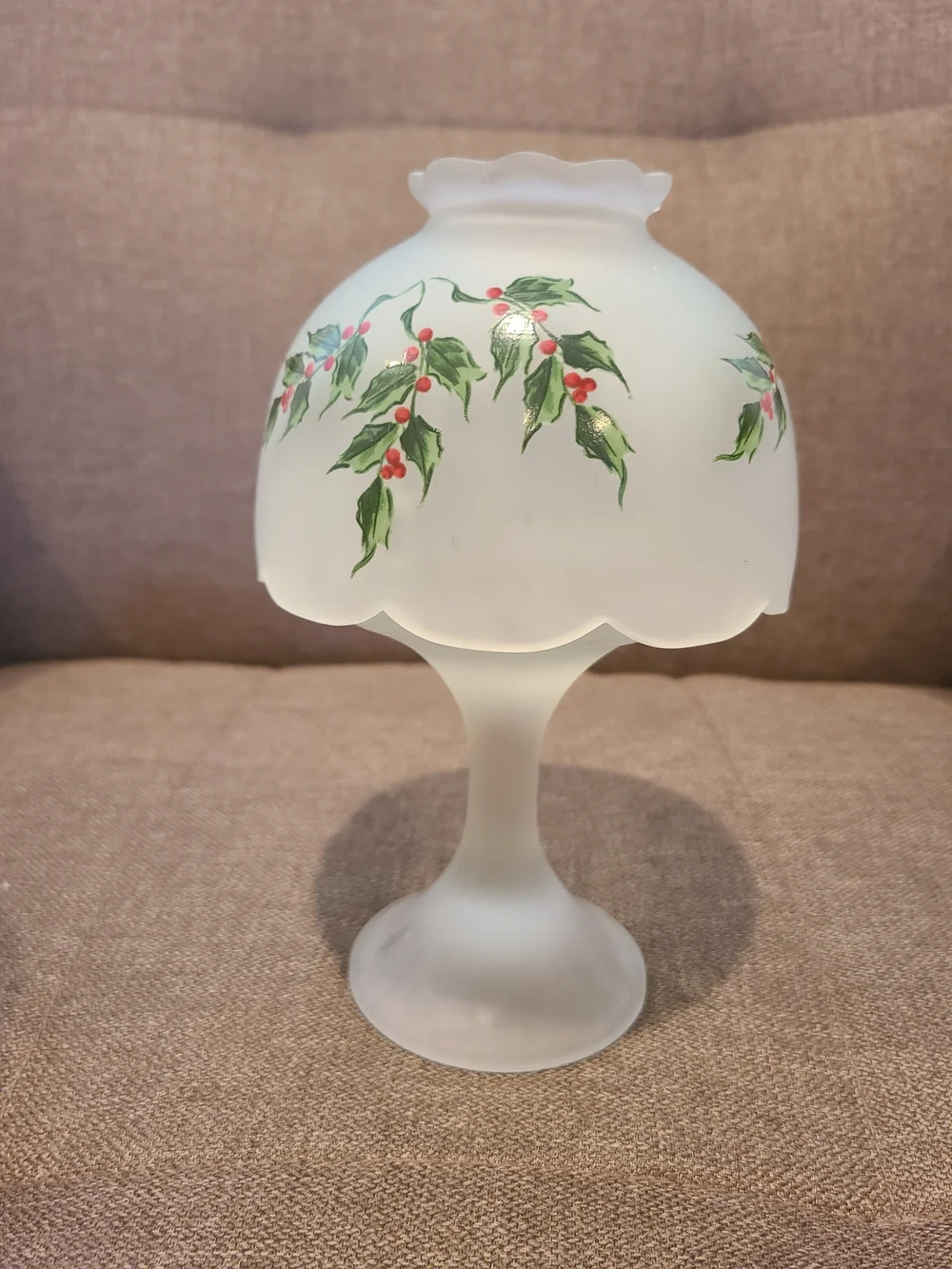 Vintage Westmoreland satin frosted glass fairy lamp with a holly and berry motif